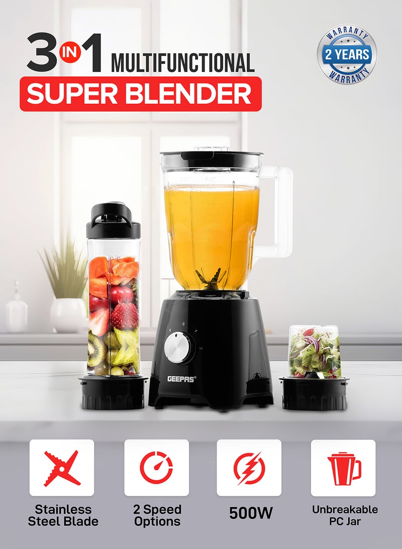 Multi functional Super Blender with 2 speed and Pulse Function Coffee/Spice Grinder Mill & Food Jug Blender 1.5 L 500 W GSB44033N Black/Clear