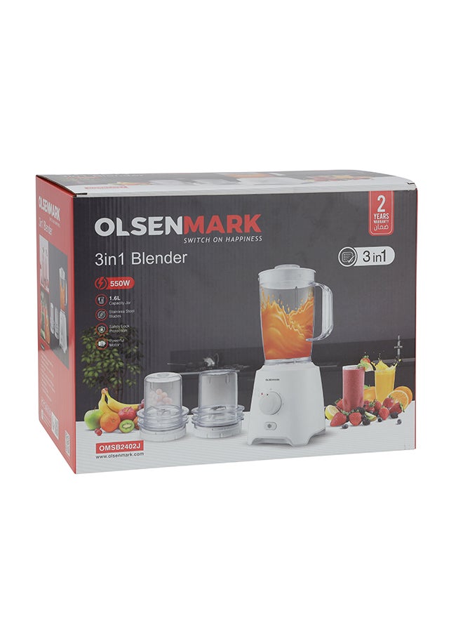 3  In 1 Blender With Stainless Steel Blades, Safety Lock Protection, Powerful Motor, 1.6 Litre Capacity Jar 1.6 L 550 W OMSB2402N White