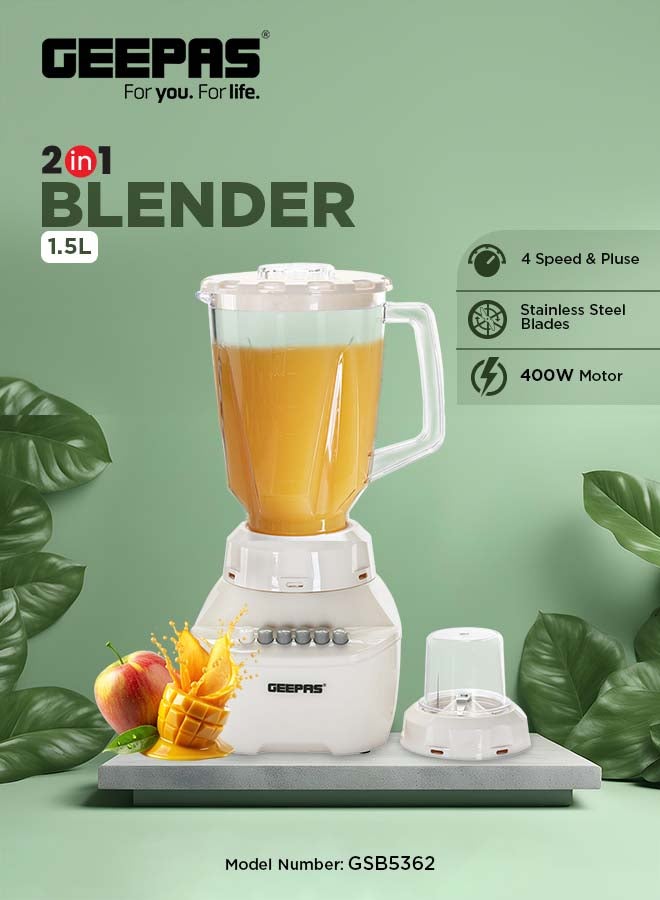 2-in-1 Blender, 1.5L Plastic Jar, 4 Speed Control with Pulse | Over Heat Protection , Powerful Motor | Chopper, Coffee Grinder & Smoothie Maker 1500 ml GSB5362 Beige