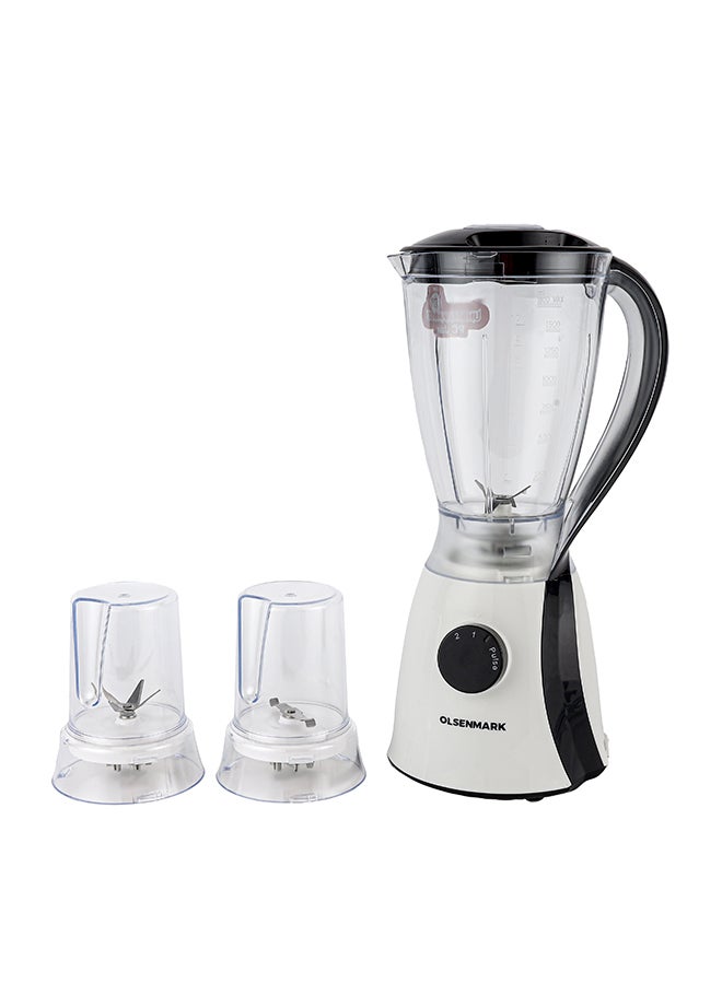 3 In 1 Multi Functional Blender With Stainless Steel Blades, 2 Speed With Pulse function, Powerful Motor,1.8 L Unbreakable Jar+2 Small Jars For Mincer Grinder Attachment 1.8 L 650 W OMSB2203 White
