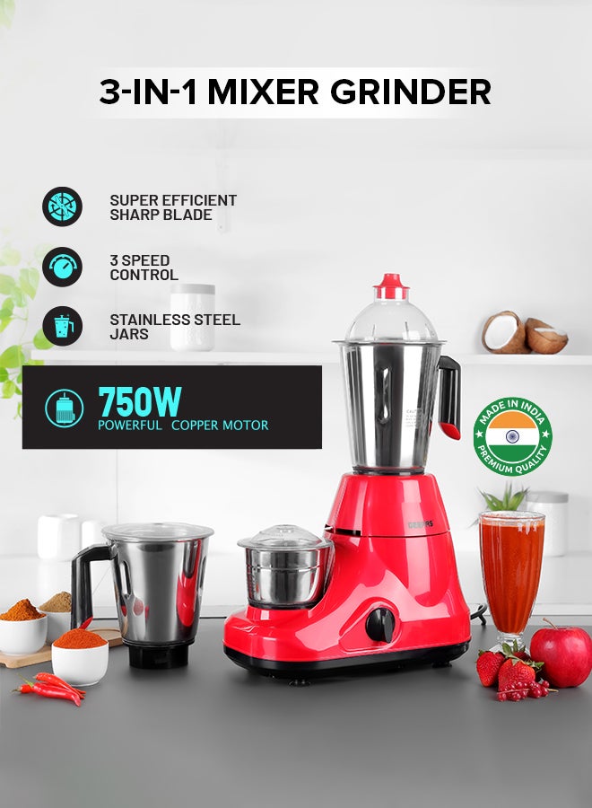 Mixer Grinder 750W Powerful Copper Motor with Stainless Steel Jars and Blades Unbreakable Polycarbonate Jar Caps Overload Protector 750 W GSB5081N Silver, red