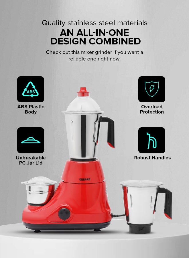 Mixer Grinder 750W Powerful Copper Motor with Stainless Steel Jars and Blades Unbreakable Polycarbonate Jar Caps Overload Protector 750 W GSB5081N Silver, red