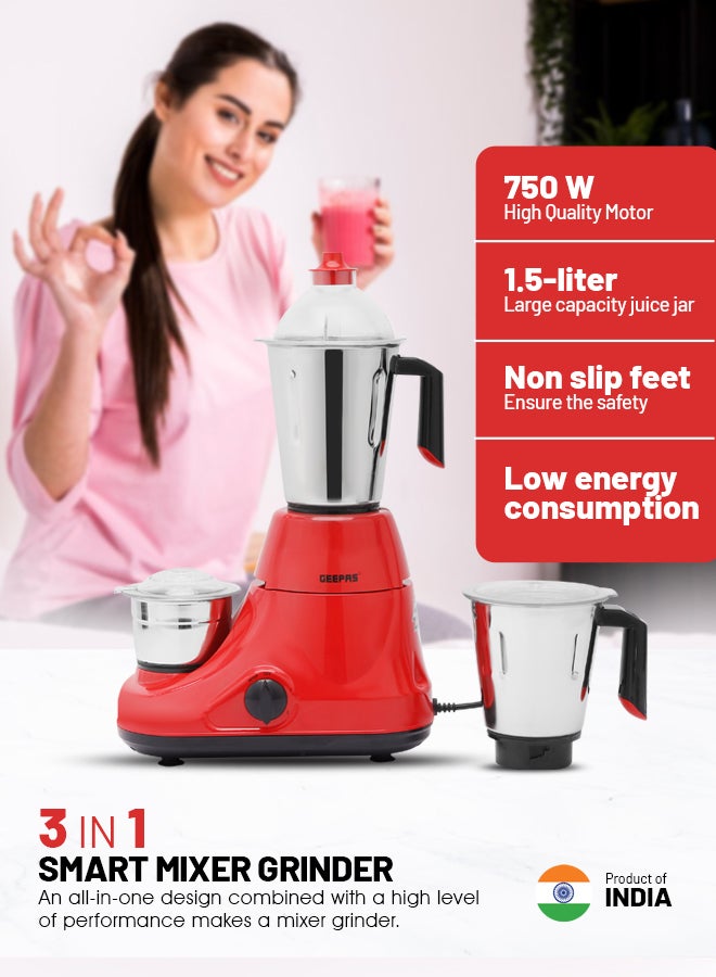 Mixer Grinder 750W Powerful Copper Motor with Stainless Steel Jars and Blades Unbreakable Polycarbonate Jar Caps Overload Protector 750 W GSB5081N Silver, red