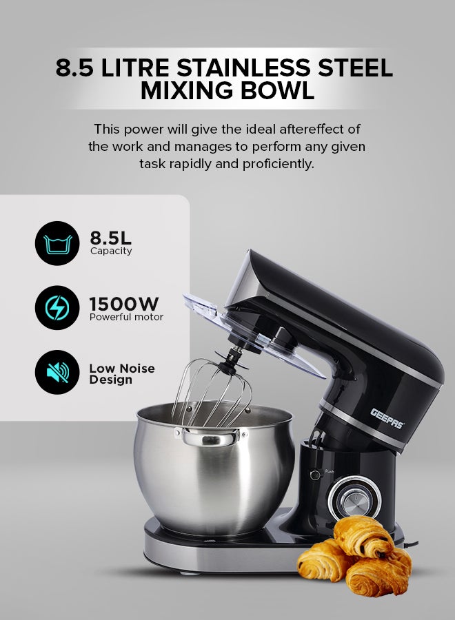 Stand Mixer with Stainless Steel Mixing Bowl 6 Speed with Pulse or Eject Button Whisk Beaters Dough Hook LED power indicator Ideal for Bread and Dough 8.5 L 1500 W GSM43040 Black