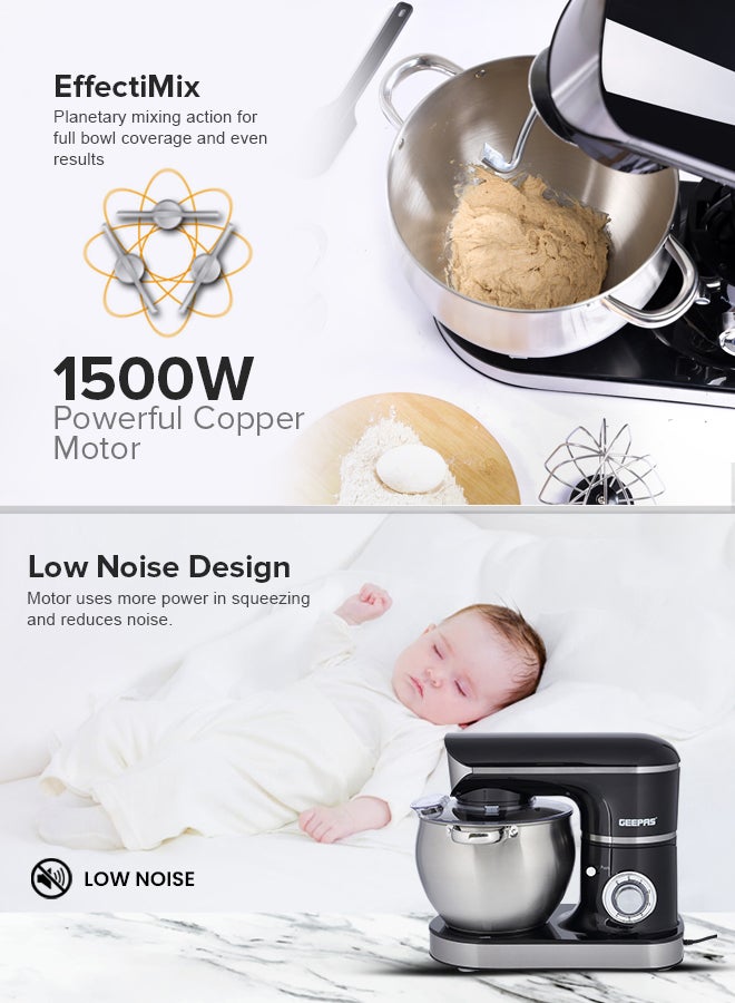 Stand Mixer with Stainless Steel Mixing Bowl 6 Speed with Pulse or Eject Button Whisk Beaters Dough Hook LED power indicator Ideal for Bread and Dough 8.5 L 1500 W GSM43040 Black