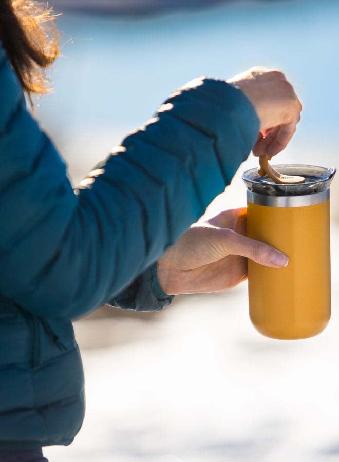 Octaroma LUNGO Vacuum Insulated Mug (300ml) - Double Wall Stainless Steel Coffee Travel Tumbler w/ Leakproof Drinking Lid, Reusable, Washable, BPA-Free, Hot & Cold - Amber Yellow Amber Yellow