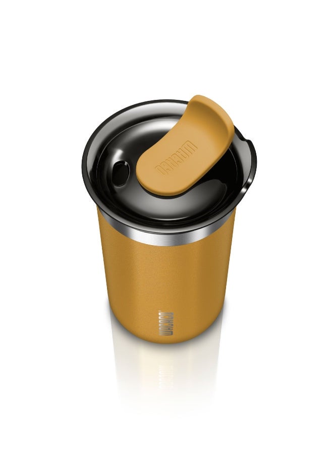 Octaroma LUNGO Vacuum Insulated Mug (300ml) - Double Wall Stainless Steel Coffee Travel Tumbler w/ Leakproof Drinking Lid, Reusable, Washable, BPA-Free, Hot & Cold - Amber Yellow Amber Yellow