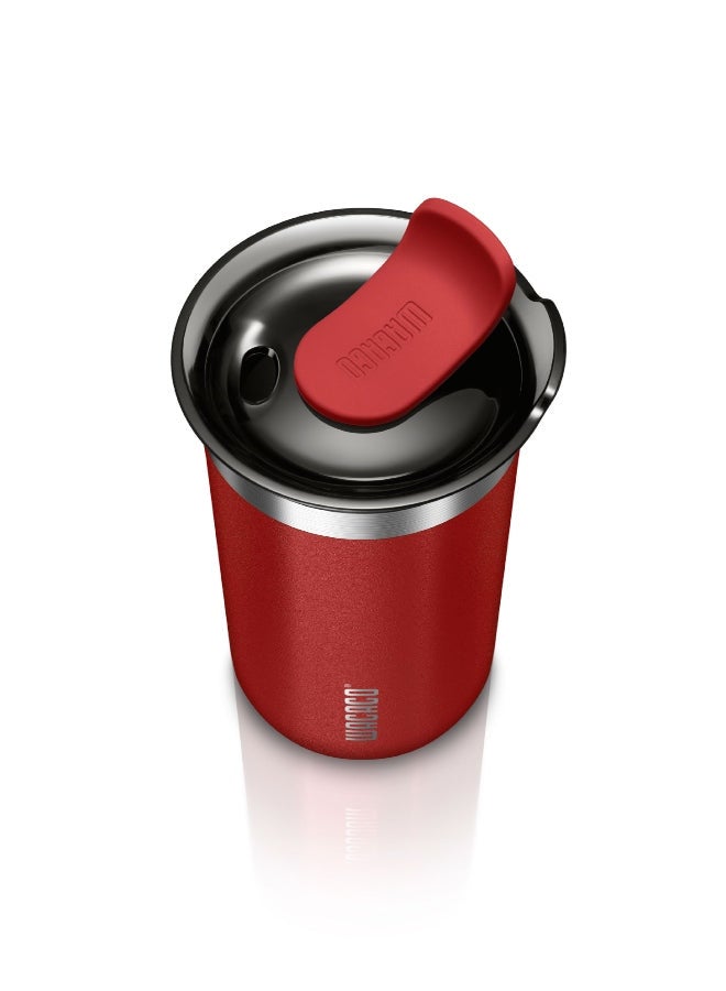 Octaroma LUNGO Vacuum Insulated Mug (300ml) - Double Wall Stainless Steel Coffee Travel Tumbler w/ Leakproof Drinking Lid, Reusable, Washable, BPA-Free, Hot & Cold - Carmine Red Carmine red