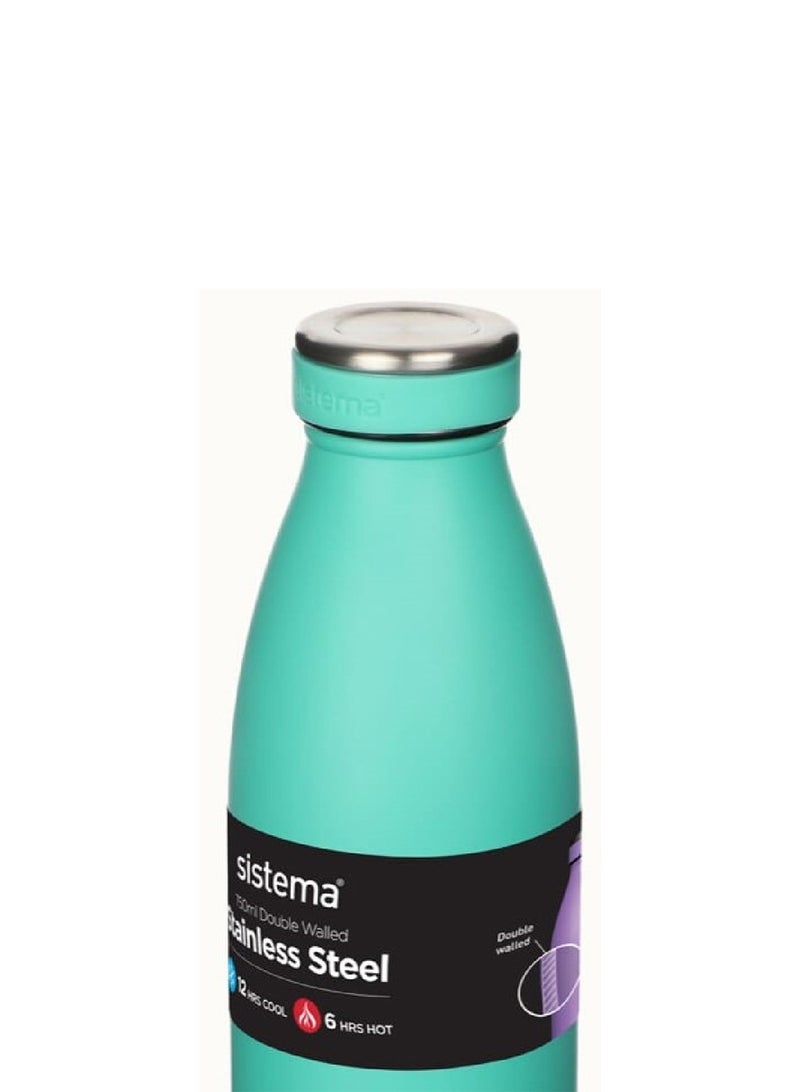 Sistema Hydrate Stainless Steel Water Bottle, 750 ml Leak-Proof Reusable BPA & Phthalate Free Double Wall Vacuum Insulation Keeps Cold for 12 hrs, Hot 6 hrs, Green.