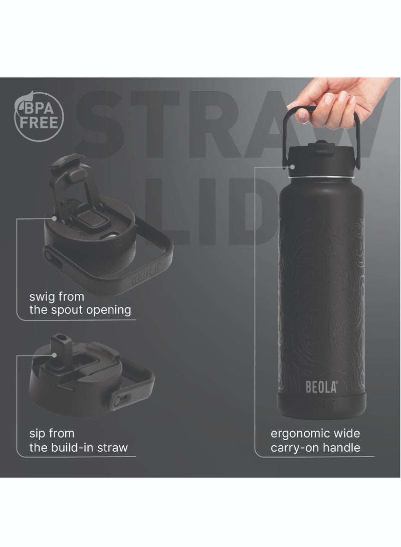 1200ml Vacuum Insulated Water Bottle, Double Wall Stainless Steel Thermos Bottle with wide mouth, 2 lids included, Hot Cold Water Flask, Large Sports Bottle with straw lid, 40oz (Mountain Black)