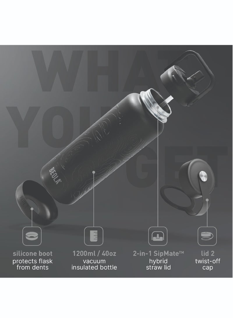 1200ml Vacuum Insulated Water Bottle, Double Wall Stainless Steel Thermos Bottle with wide mouth, 2 lids included, Hot Cold Water Flask, Large Sports Bottle with straw lid, 40oz (Mountain Black)