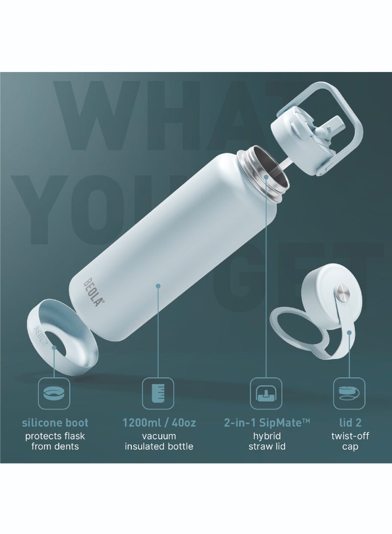 1200ml Vacuum Insulated Water Bottle, Double Wall Stainless Steel Thermos Bottle with wide mouth, 2 lids included, Hot Cold Water Flask, Large Sports Bottle with straw lid, 40oz (Ice Blue)