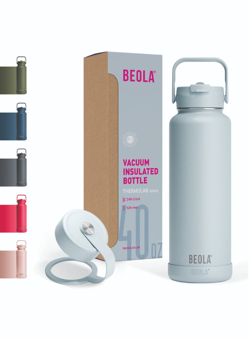 1200ml Vacuum Insulated Water Bottle, Double Wall Stainless Steel Thermos Bottle with wide mouth, 2 lids included, Hot Cold Water Flask, Large Sports Bottle with straw lid, 40oz (Ice Blue)