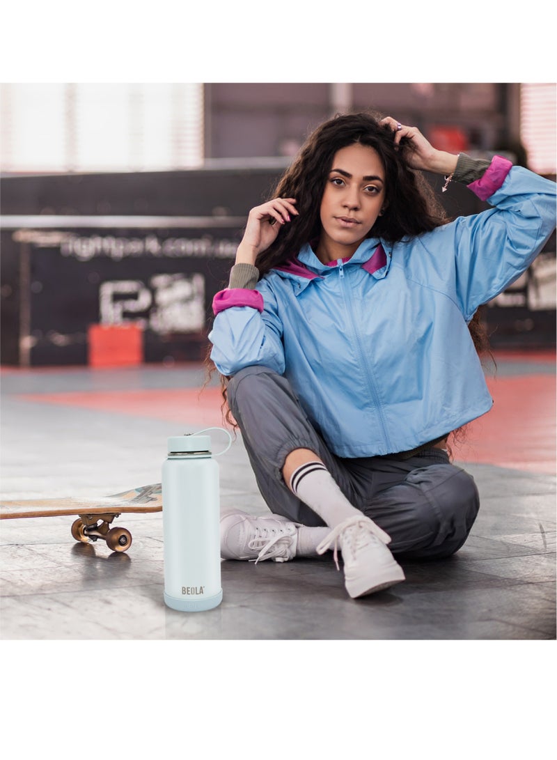 1200ml Vacuum Insulated Water Bottle, Double Wall Stainless Steel Thermos Bottle with wide mouth, 2 lids included, Hot Cold Water Flask, Large Sports Bottle with straw lid, 40oz (Ice Blue)