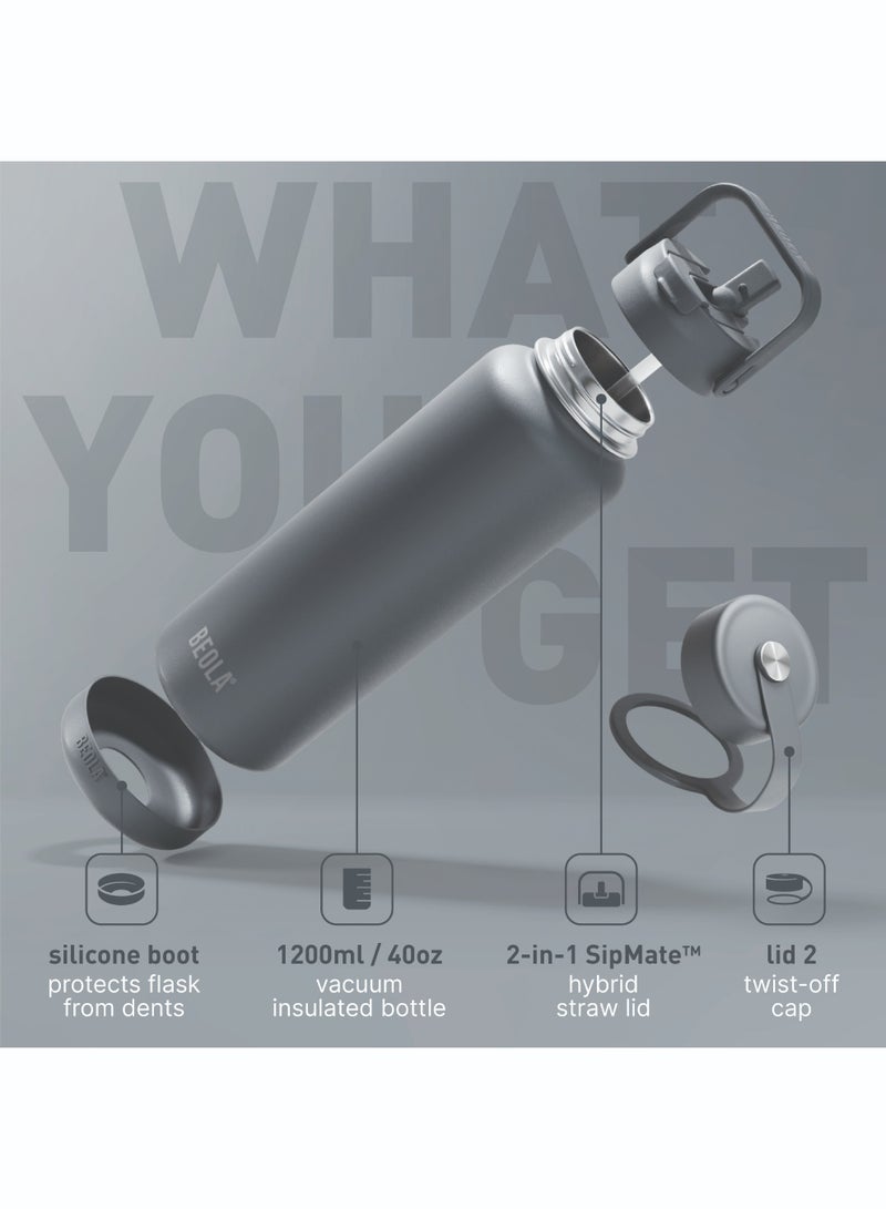 1200ml Water Bottle 18/8 Stainless Steel 304 Double Wall Insulated Thermos Bottle, with wide mouth, 2 lids included, Hot Cold Liquids Sports Bottle bella, 40oz (Lava Gray)