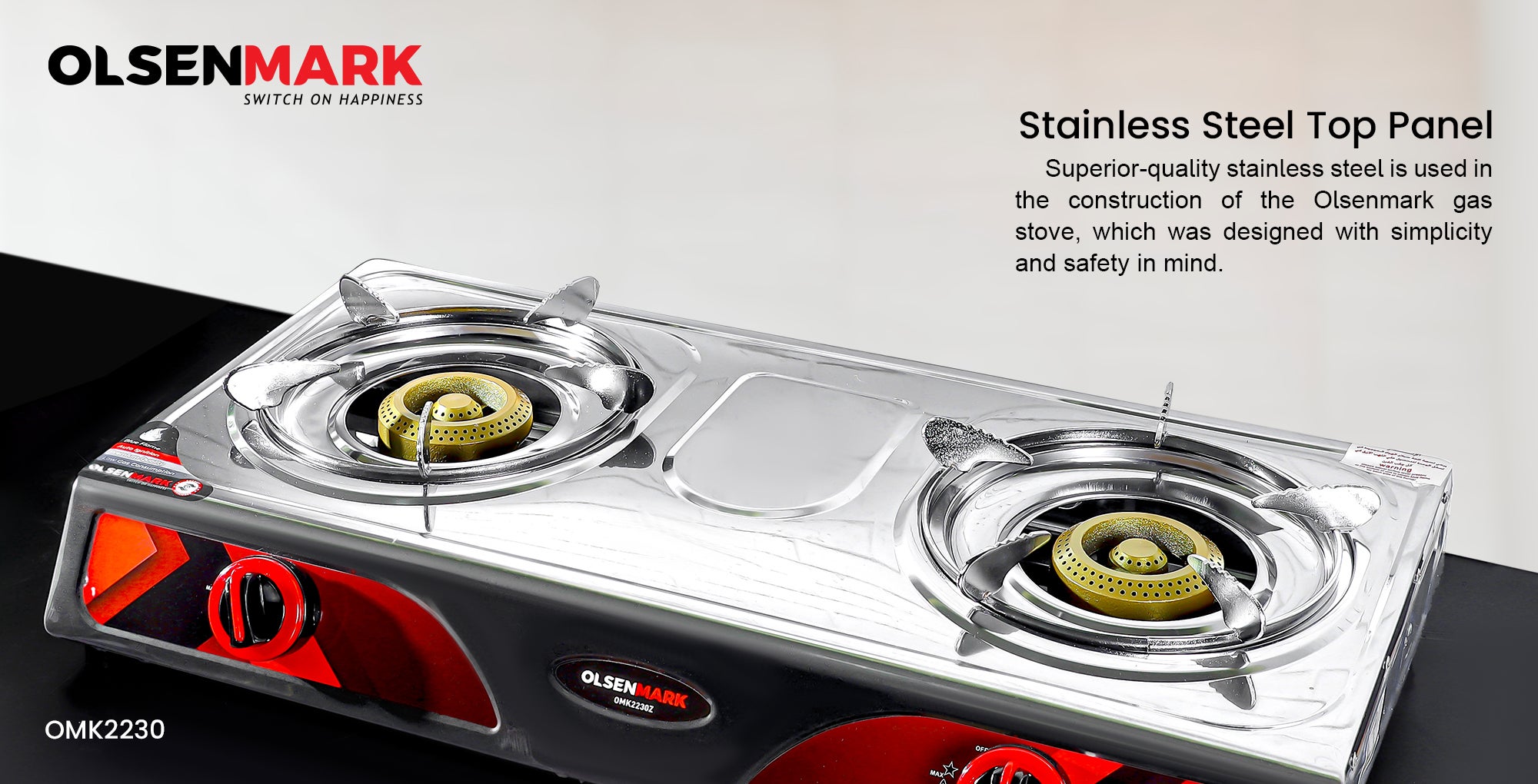 Double Burner Stainless Steel Gas Cooker OMK2230Z , Enamal Grate And Black Knob, Auto-Ignition Gas Cooker, Electroplated Pan Support, Low Gas Consumption And Efficient Burners OMK2230Z Silver