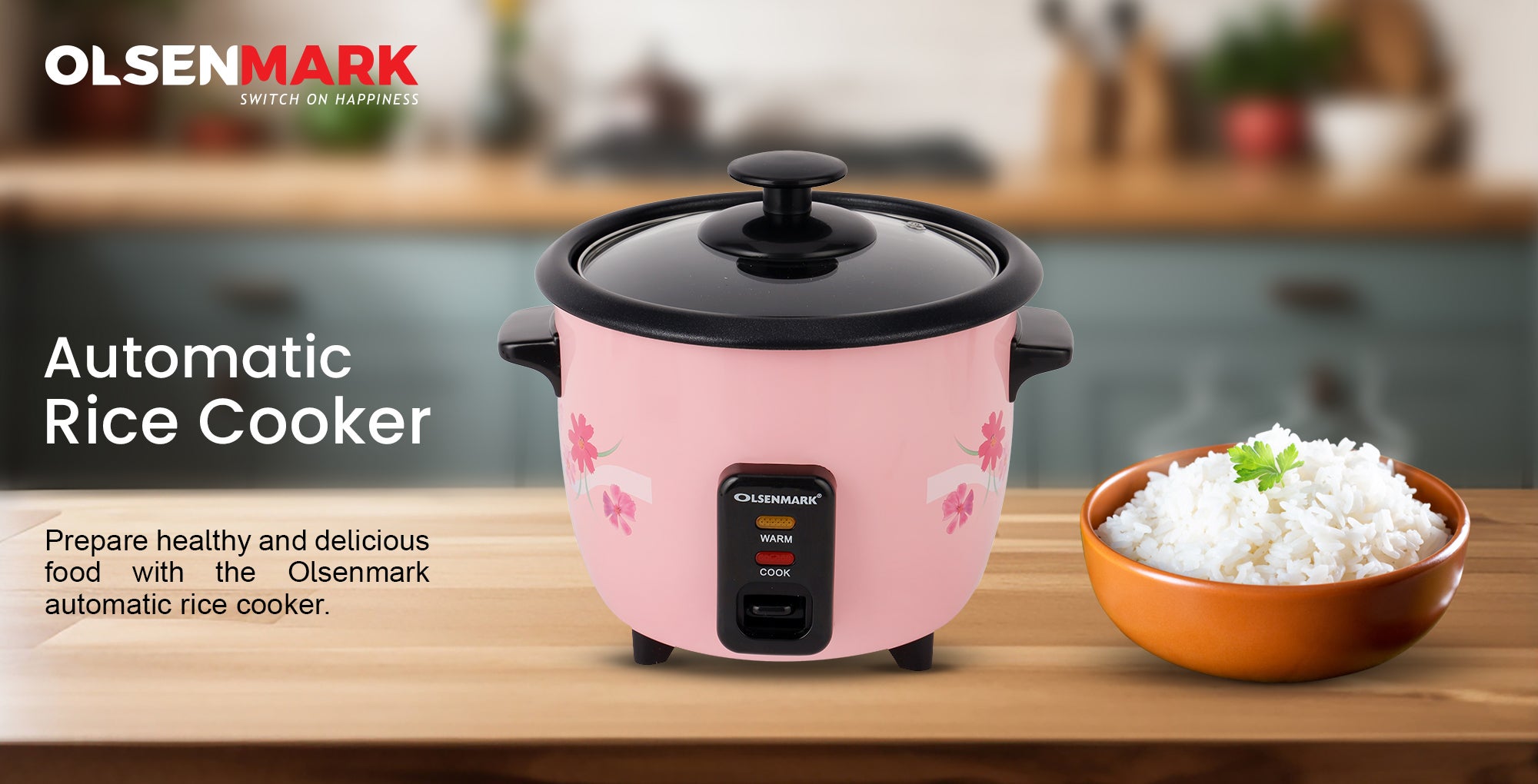 Multifunctional Rice Cooker With Non-Stick Inner Pot With Cool Touch Handle/Includes Cook And Keep Warm Functions, Equipped With Tempered Glass Lid, Rice Spoon, Plastic Inner Steamer And Measuring Cup 0.6 L 350 W OMRC2350H Pink/Silver