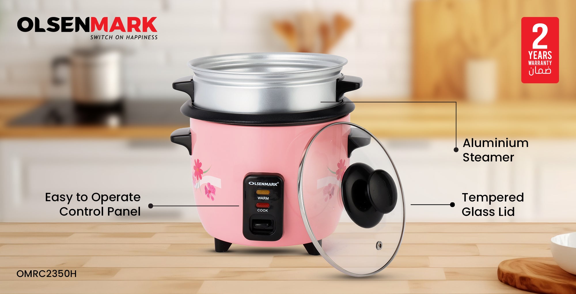 Multifunctional Rice Cooker With Non-Stick Inner Pot With Cool Touch Handle/Includes Cook And Keep Warm Functions, Equipped With Tempered Glass Lid, Rice Spoon, Plastic Inner Steamer And Measuring Cup 0.6 L 350 W OMRC2350H Pink/Silver
