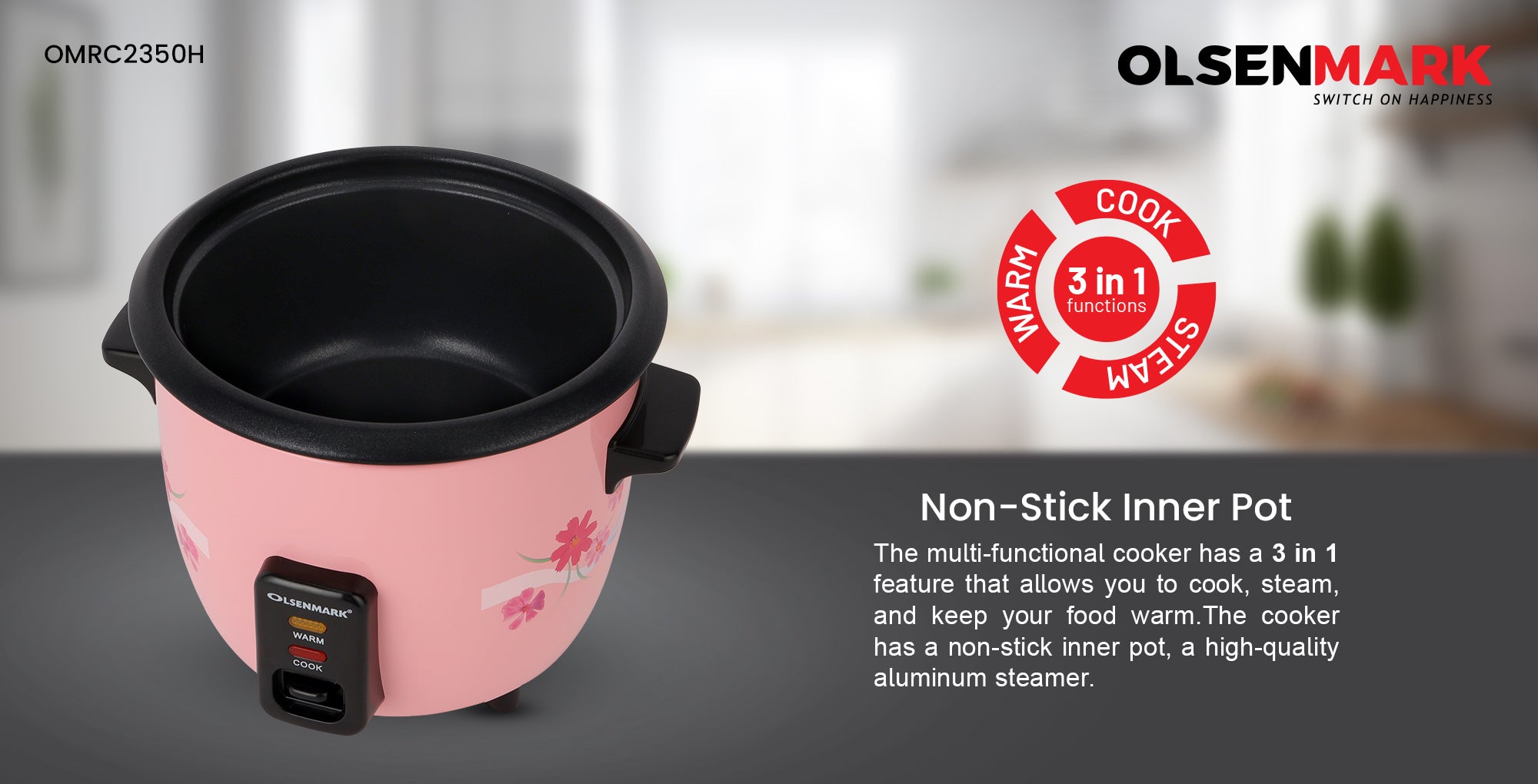 Multifunctional Rice Cooker With Non-Stick Inner Pot With Cool Touch Handle/Includes Cook And Keep Warm Functions, Equipped With Tempered Glass Lid, Rice Spoon, Plastic Inner Steamer And Measuring Cup 0.6 L 350 W OMRC2350H Pink/Silver