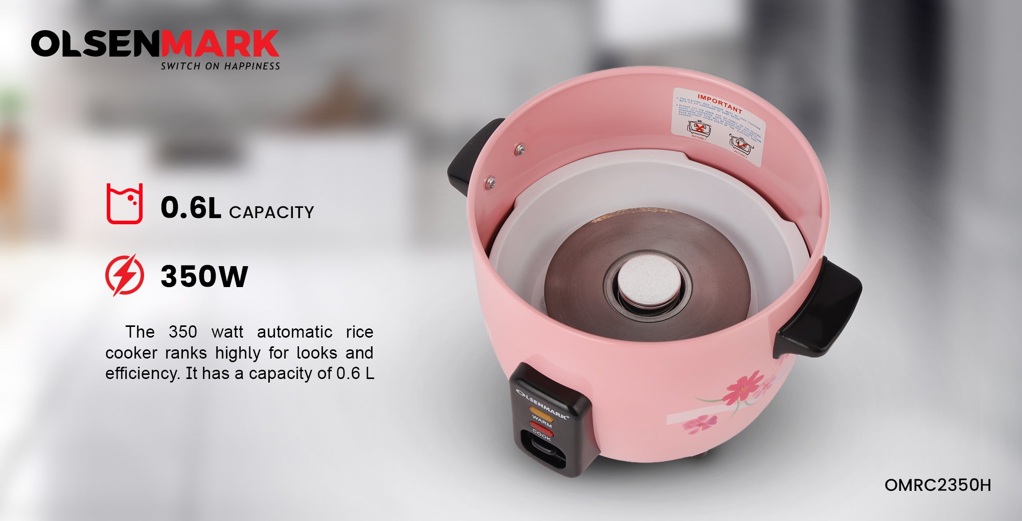 Multifunctional Rice Cooker With Non-Stick Inner Pot With Cool Touch Handle/Includes Cook And Keep Warm Functions, Equipped With Tempered Glass Lid, Rice Spoon, Plastic Inner Steamer And Measuring Cup 0.6 L 350 W OMRC2350H Pink/Silver