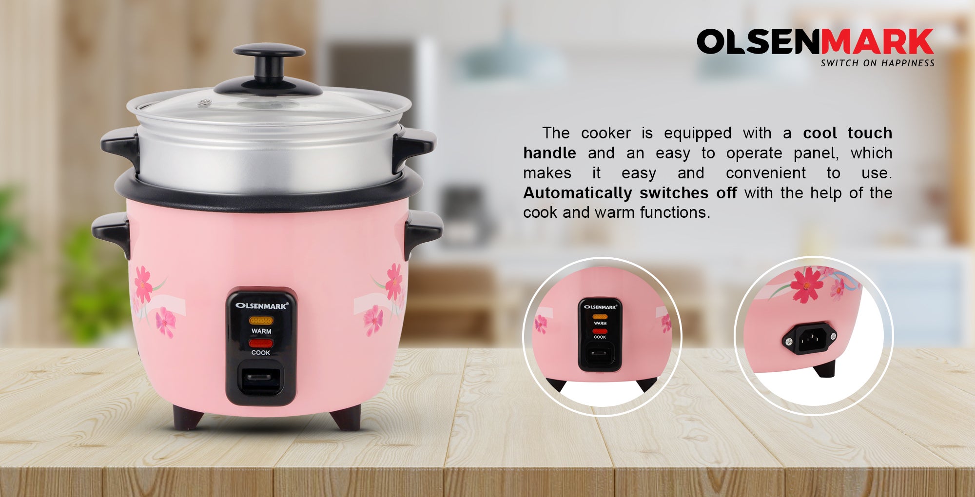 Multifunctional Rice Cooker With Non-Stick Inner Pot With Cool Touch Handle/Includes Cook And Keep Warm Functions, Equipped With Tempered Glass Lid, Rice Spoon, Plastic Inner Steamer And Measuring Cup 0.6 L 350 W OMRC2350H Pink/Silver