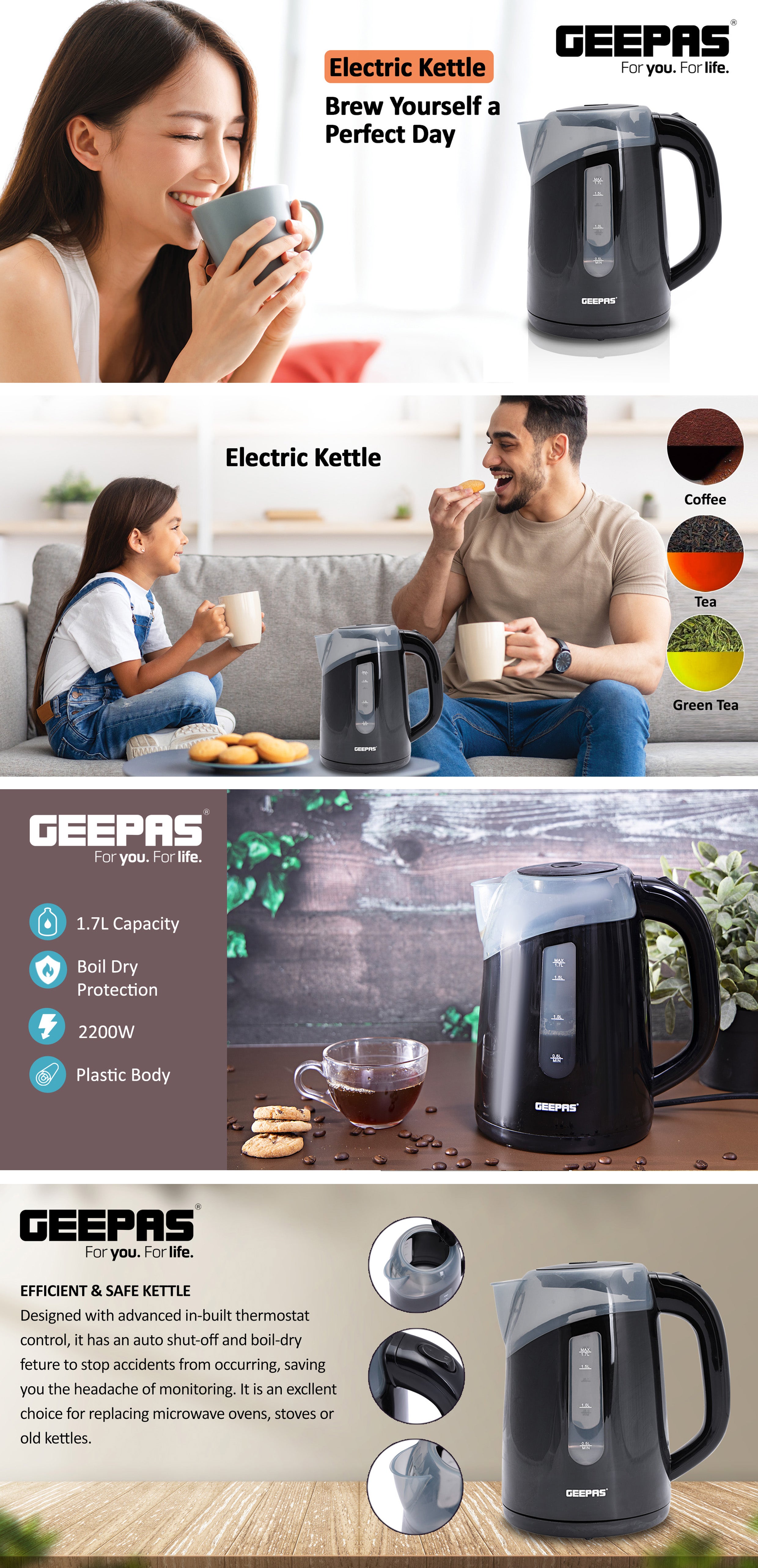 Electric Kettle, Plastic Water Kettle, Boil Dry Protection | Detachable Filter Spout | Automatic Lid Open Function 1.7 L 2200 W GK38027 Black/Clear