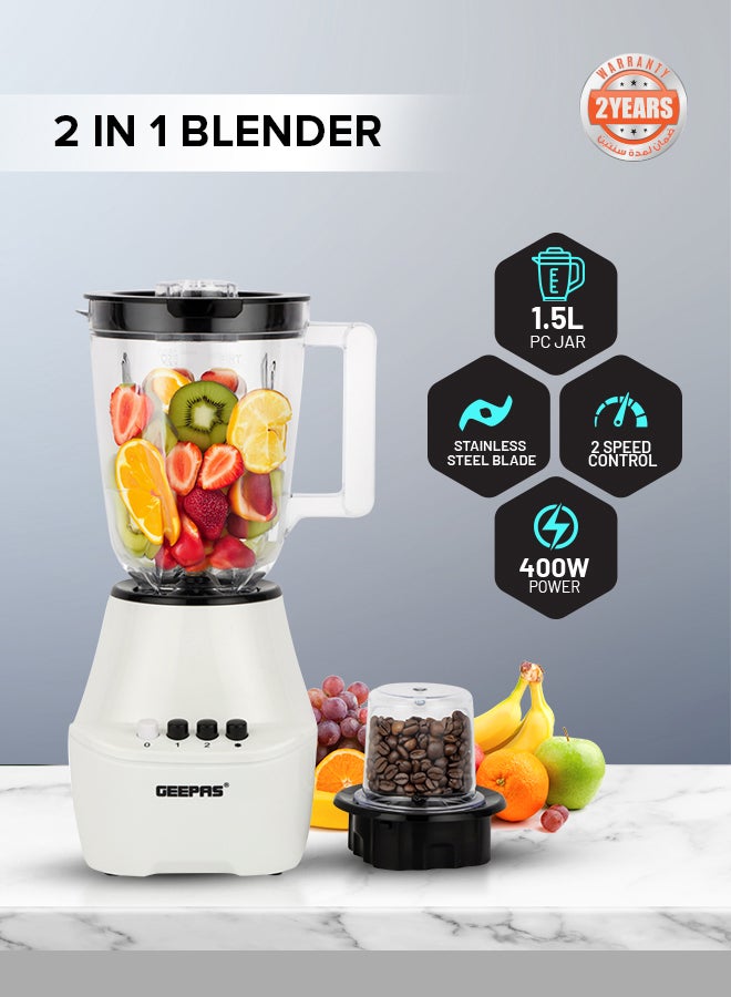 2 in 1 Blender - Stainless Steel Blades, 2 Speed Control with Pulse | Over Heat Protection, Powerful Copper Motor| Ice Crusher, Chopper, Coffee Grinder & More 1.5 L 400 W GSB5409N White, Black