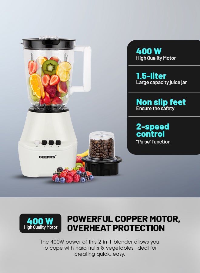 2 in 1 Blender - Stainless Steel Blades, 2 Speed Control with Pulse | Over Heat Protection, Powerful Copper Motor| Ice Crusher, Chopper, Coffee Grinder & More 1.5 L 400 W GSB5409N White, Black