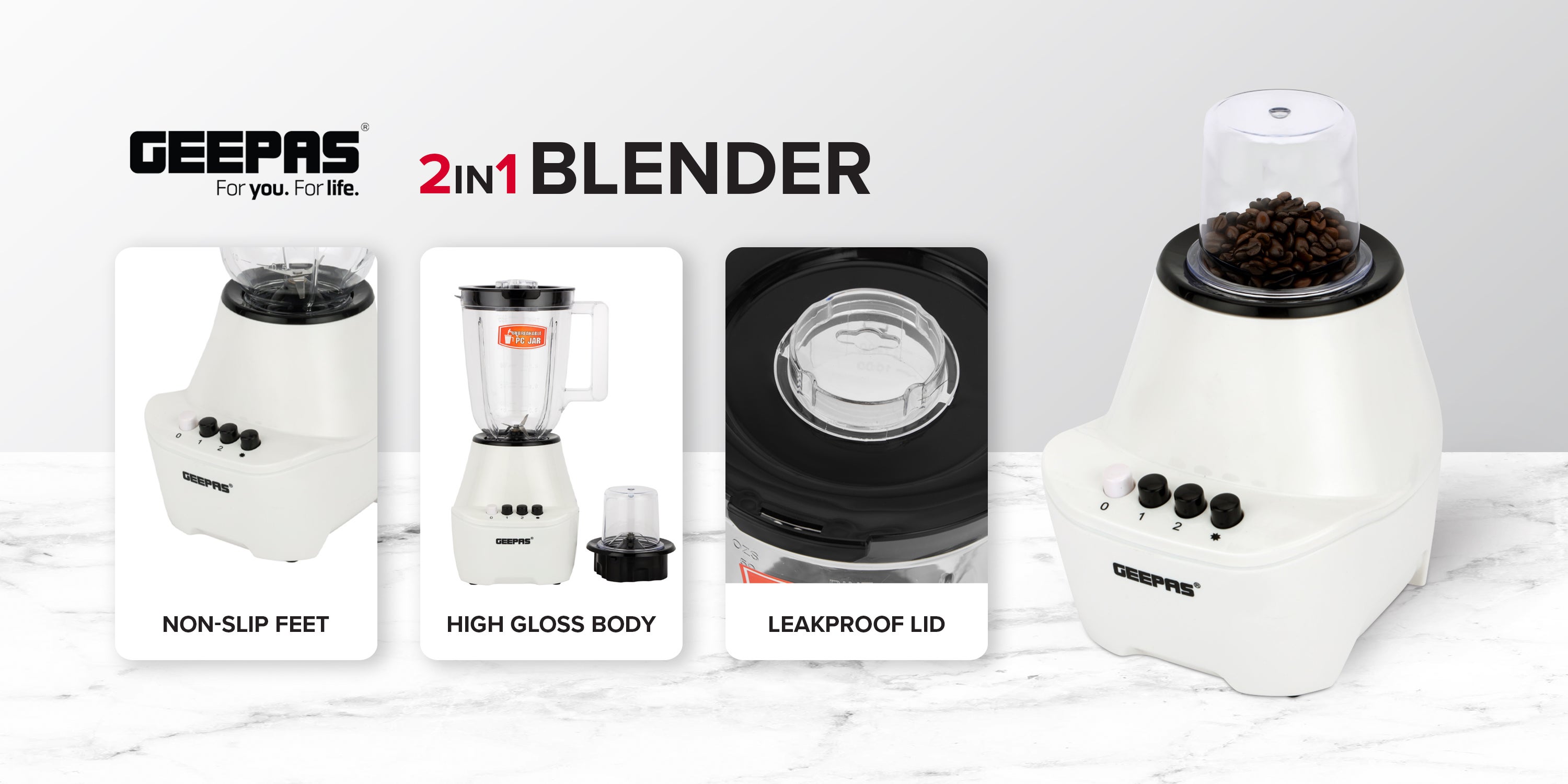 2 in 1 Blender - Stainless Steel Blades, 2 Speed Control with Pulse | Over Heat Protection, Powerful Copper Motor| Ice Crusher, Chopper, Coffee Grinder & More 1.5 L 400 W GSB5409N White, Black