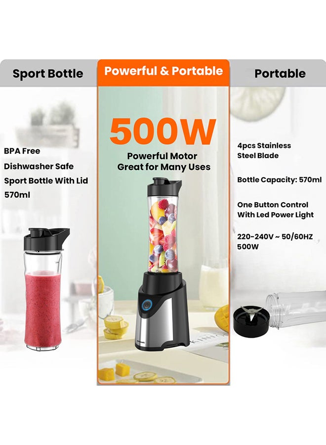 Portable Sports Blender – One-Touch Button Smoothie Maker with 570ML BPA-Free Sports Bottle with Travel Lid | Stainless Steel Housing with LED Power Light 570 ml 500 W SB-184 Black/Silver/Clear 570 ml 500 W SB-184 Black/Silver/Clear