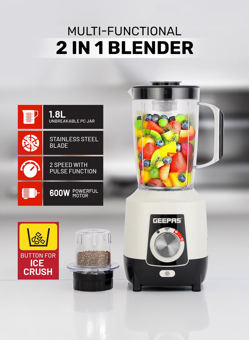 2-in-1 Blender, Powerful Motor With 2 Speed Setting and Pulse| Transparent And Unbreakable Jars With Stainless Steel Blade, Grinder Attachment| Perfect For making Smoothies, Milkshakes, Etc And Grinding Beans, Coconut, Nuts, Etc|2 Years Warranty 1.8 L 600 W GSB44027T White/Black