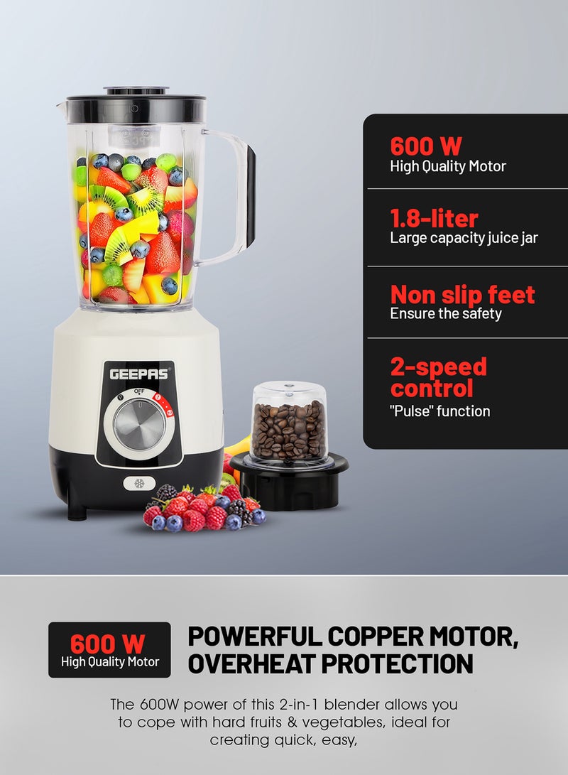 2-in-1 Blender, Powerful Motor With 2 Speed Setting and Pulse| Transparent And Unbreakable Jars With Stainless Steel Blade, Grinder Attachment| Perfect For making Smoothies, Milkshakes, Etc And Grinding Beans, Coconut, Nuts, Etc|2 Years Warranty 1.8 L 600 W GSB44027T White/Black