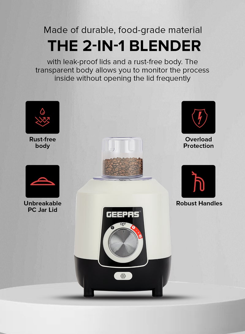 2-in-1 Blender, Powerful Motor With 2 Speed Setting and Pulse| Transparent And Unbreakable Jars With Stainless Steel Blade, Grinder Attachment| Perfect For making Smoothies, Milkshakes, Etc And Grinding Beans, Coconut, Nuts, Etc|2 Years Warranty 1.8 L 600 W GSB44027T White/Black