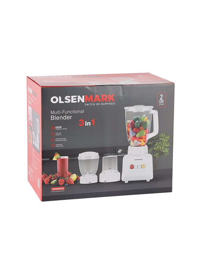 Multi Functional 3 In 1 Blender, With 1.5 Litre Jar Capacity, Stainless Steel Blade & Housing, Overheat Protection, Multi Functional Design For Blending, Grinding & Mincing, 2 Speed Function 1.5 L 600 W OMSB2054 White
