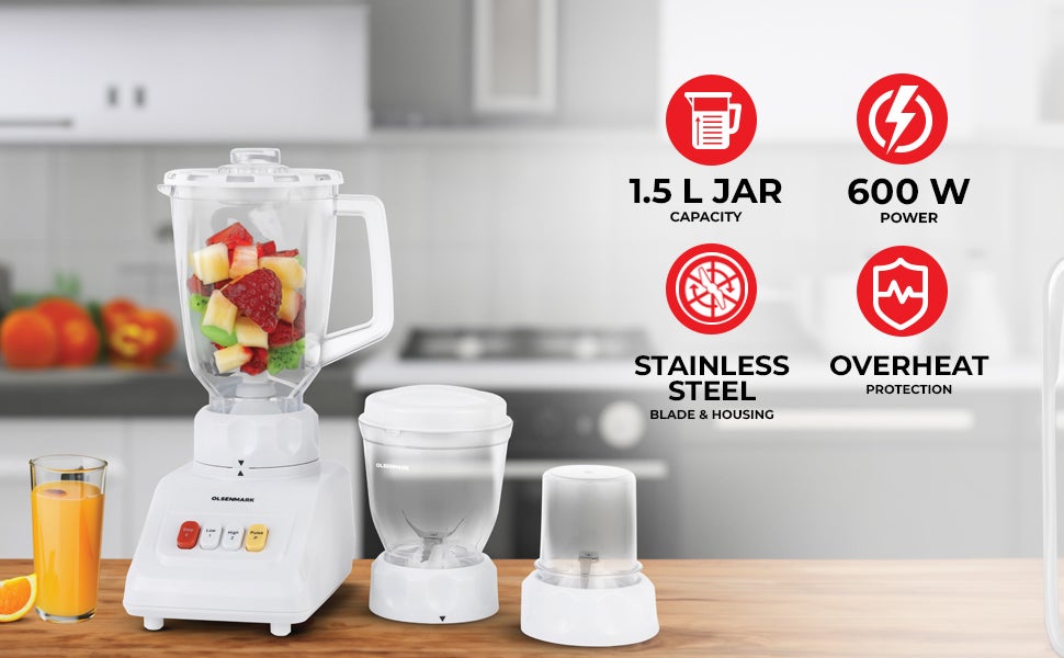 3 in 1 Multi-Functional Blender, 600W Powerful Motor with 2 Speed Setting 1.5 L 600 W OMSB2054S White/Clear