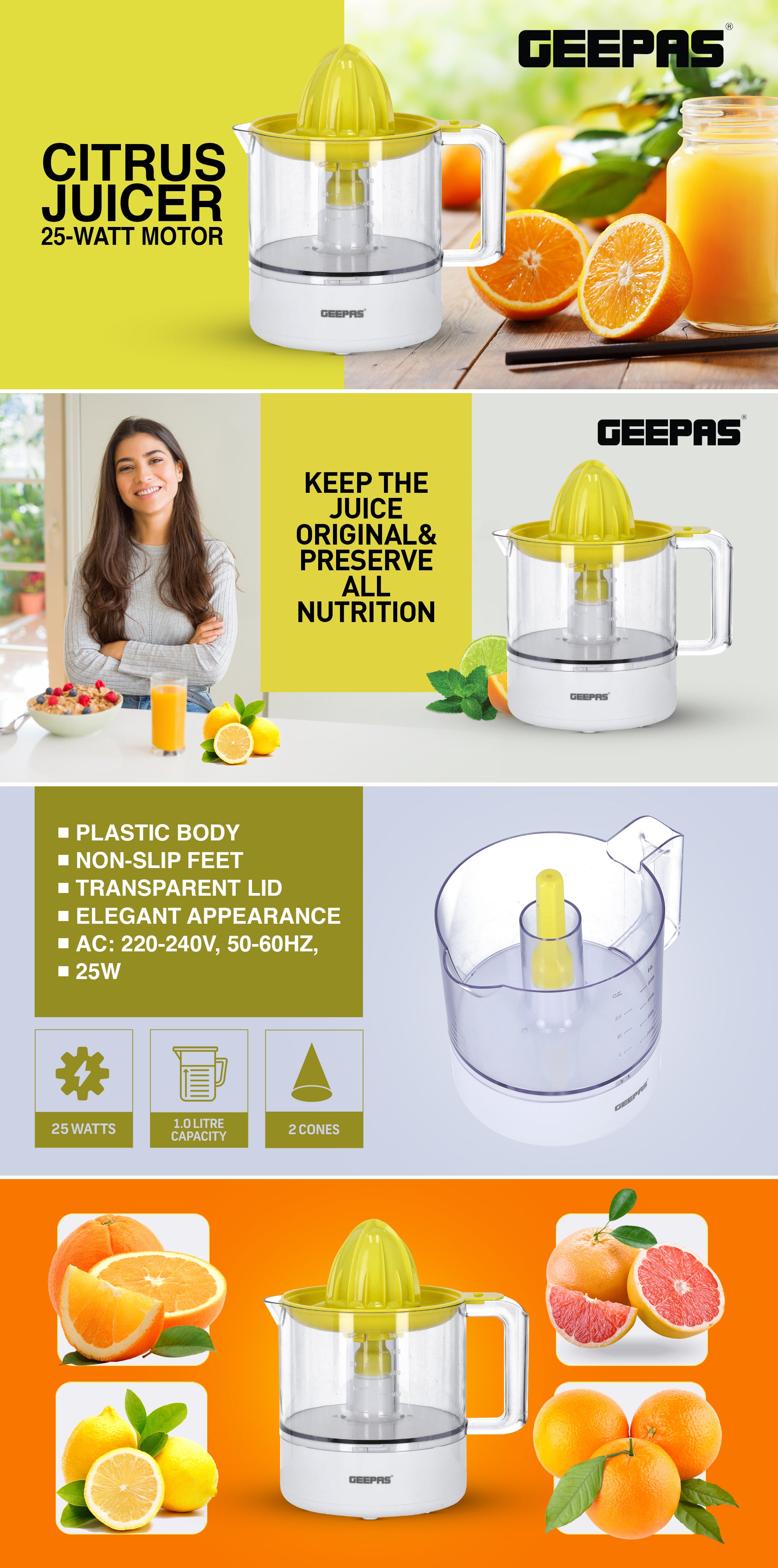 1 L Citrus Juicer 25 W| Set includes 2  Cones, Jar and a Transparent Lid| Automatic Juicer for making Orange Juice, Lemon, and so on| Plastic Body with Non-Slip Feet| 2 Years Warranty 1 L 25 W GCJ9900N Yellow/White