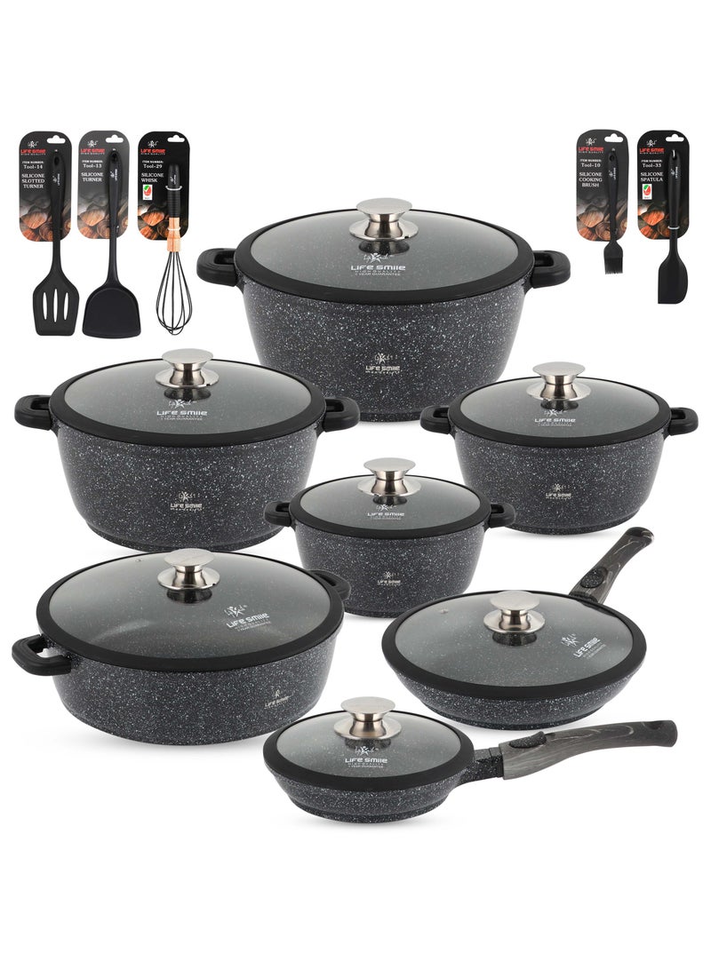 Cookware Set 29 pieces - LIFE SMILE Pots and Pans set Granite Non Stick Coating 100% PFOA FREE, Induction Base Cooking Set include Casseroles & Shallow Pot & Fry Pans & Silicone Utensils