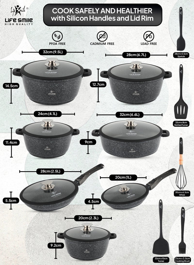 Cookware Set 29 pieces - LIFE SMILE Pots and Pans set Granite Non Stick Coating 100% PFOA FREE, Induction Base Cooking Set include Casseroles & Shallow Pot & Fry Pans & Silicone Utensils