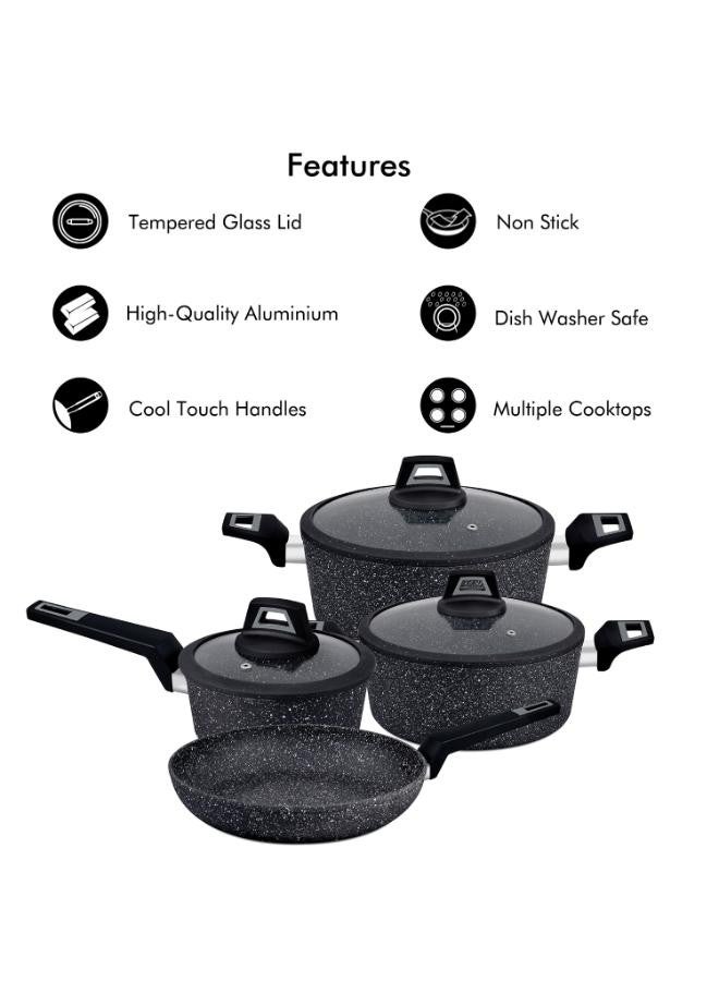 7 Pieces Black Chefart Aluminium Cookware Set Granite Coated Induction Bottom 2.5Mm Body Thickness Soft Touch Handles Tempered Glass Lid 54X20X33Cm Multicolor Black 28x12,24x10,28x5.3,16x7cm