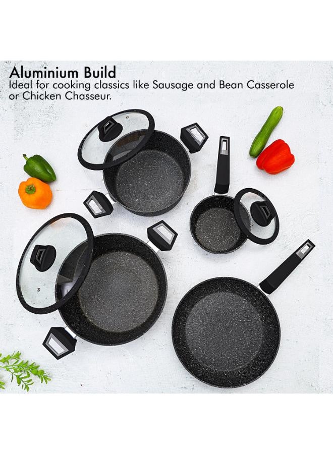 7 Pieces Black Chefart Aluminium Cookware Set Granite Coated Induction Bottom 2.5Mm Body Thickness Soft Touch Handles Tempered Glass Lid 54X20X33Cm Multicolor Black 28x12,24x10,28x5.3,16x7cm