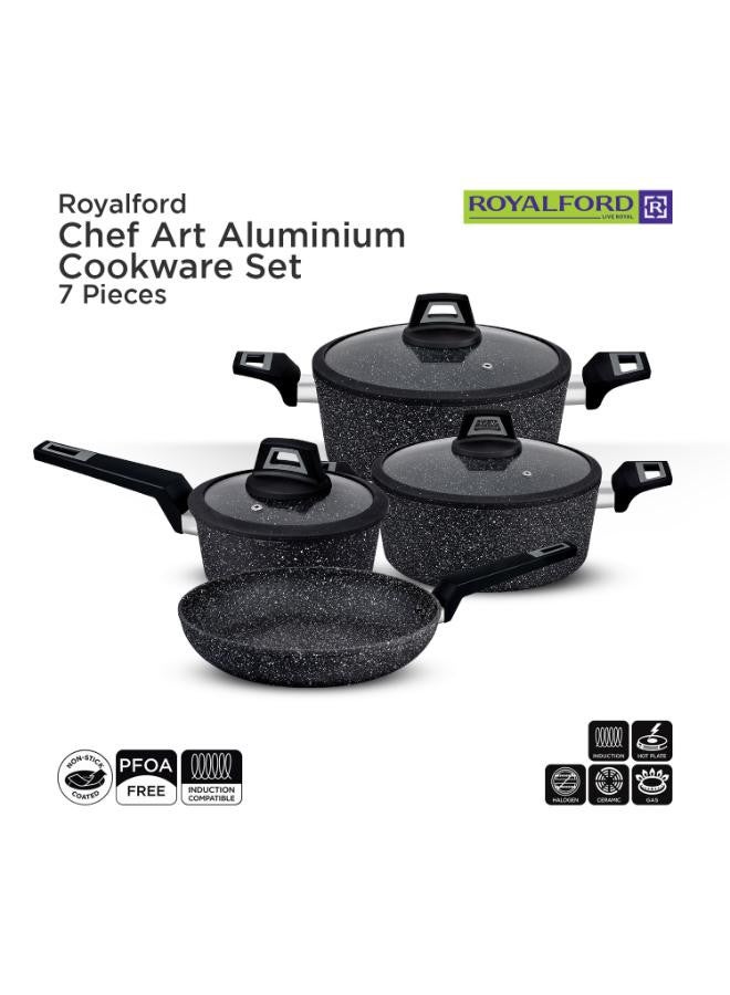 7 Pieces Black Chefart Aluminium Cookware Set Granite Coated Induction Bottom 2.5Mm Body Thickness Soft Touch Handles Tempered Glass Lid 54X20X33Cm Multicolor Black 28x12,24x10,28x5.3,16x7cm