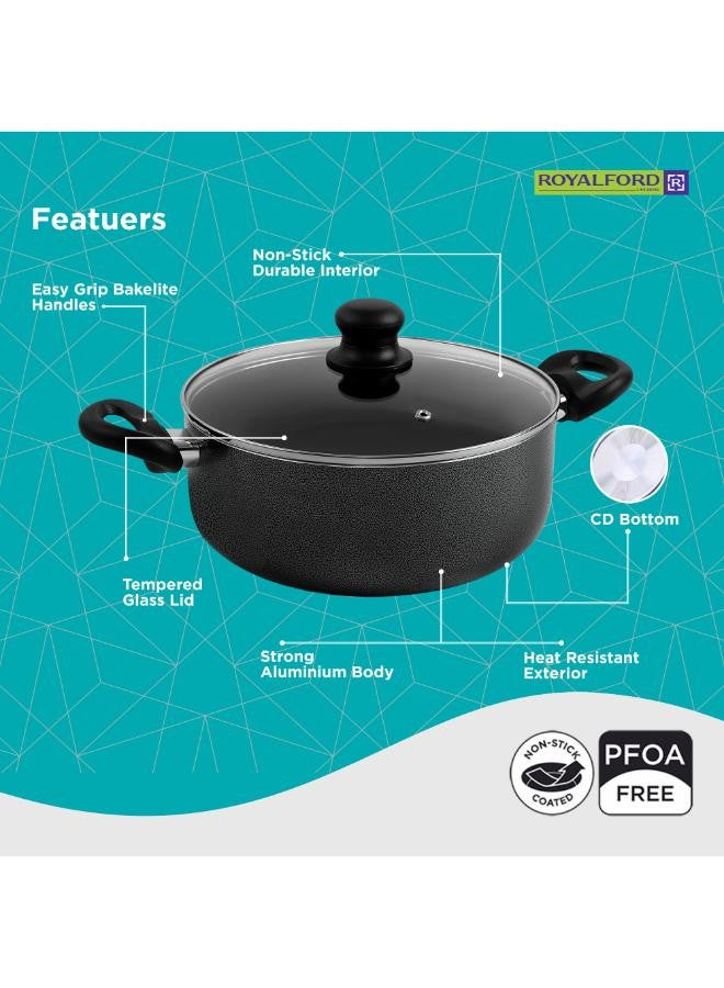 8 Pieces Non-Stick Cookware Set Cd Bottom 2.5Mm Thichness Heat Resistant Exterior Strong Aluminium Body Easy Grip Bakelite Handle Durable Interior Pfoa Free Black 54.5X20X33cm
