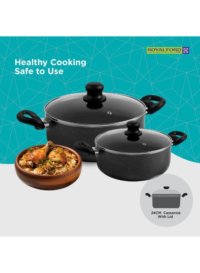 8 Pieces Non-Stick Cookware Set Cd Bottom 2.5Mm Thichness Heat Resistant Exterior Strong Aluminium Body Easy Grip Bakelite Handle Durable Interior Pfoa Free Black 54.5X20X33cm