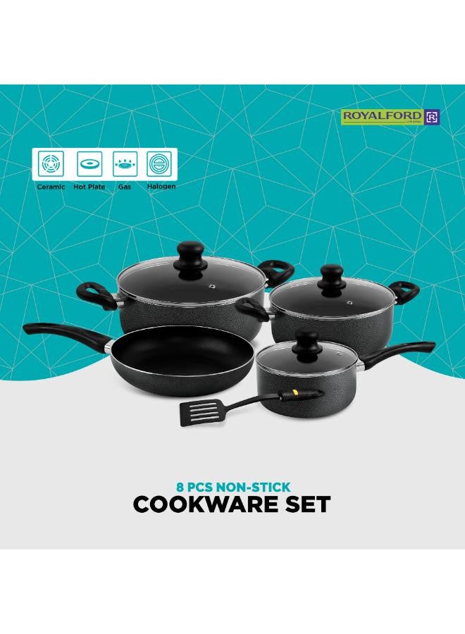 8 Pieces Non-Stick Cookware Set Cd Bottom 2.5Mm Thichness Heat Resistant Exterior Strong Aluminium Body Easy Grip Bakelite Handle Durable Interior Pfoa Free Black 54.5X20X33cm