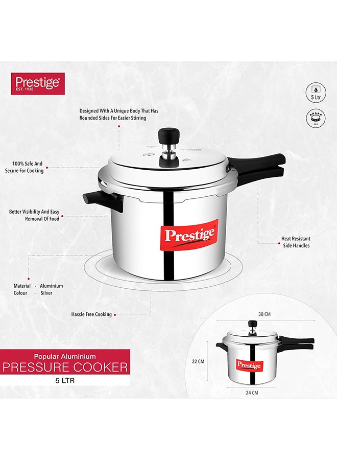 Popular Aluminium Pressure Cooker with Thick Alpha Base and Sturdy Handles Silver 5Liters