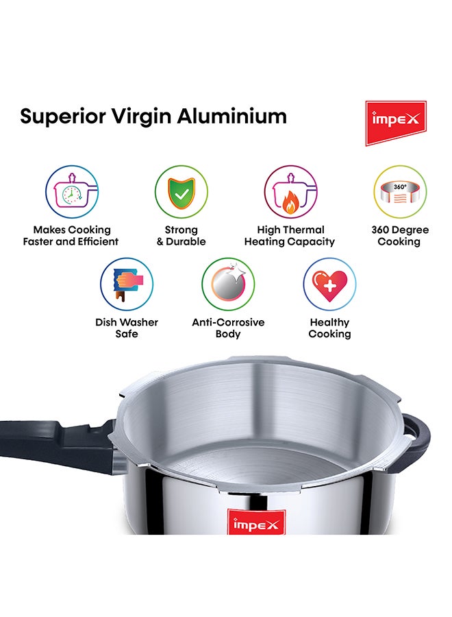 5 Litres Pressure Cooker with Outer Lid | Virgin Aluminium | Gas Stove Compatible | Quick and even heating | Lead-Free Safety Valve | For healthy cooking Silver 5Liters