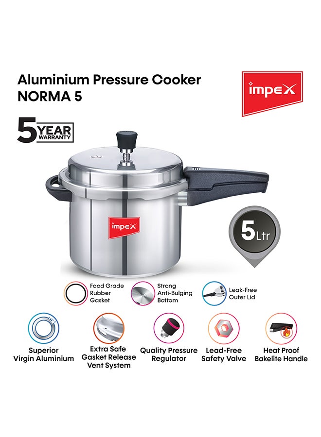 5 Litres Pressure Cooker with Outer Lid | Virgin Aluminium | Gas Stove Compatible | Quick and even heating | Lead-Free Safety Valve | For healthy cooking Silver 5Liters