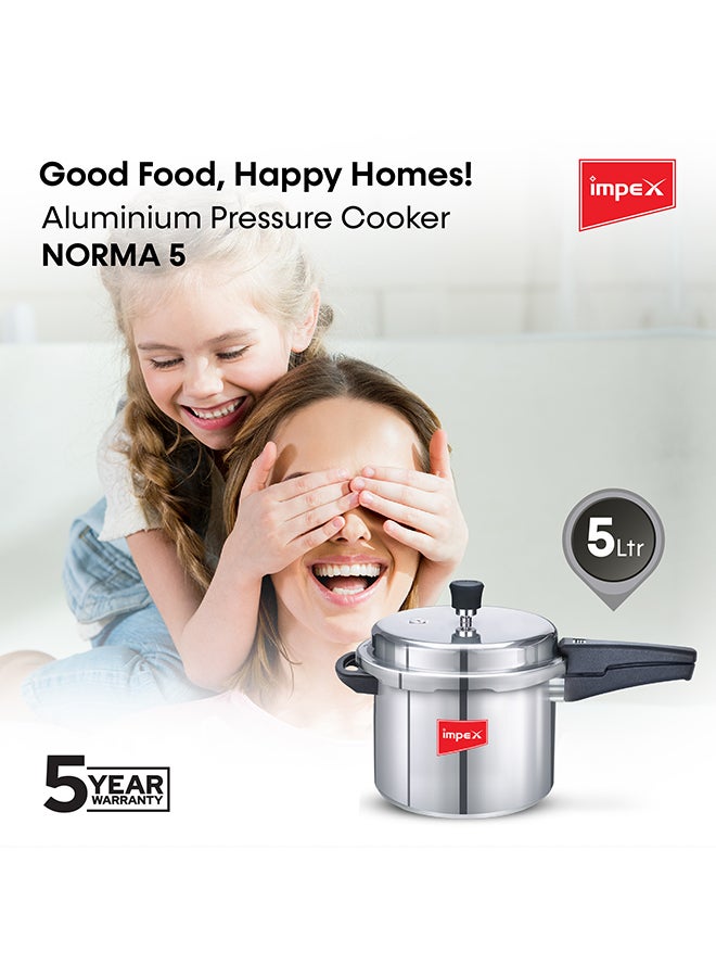 5 Litres Pressure Cooker with Outer Lid | Virgin Aluminium | Gas Stove Compatible | Quick and even heating | Lead-Free Safety Valve | For healthy cooking Silver 5Liters