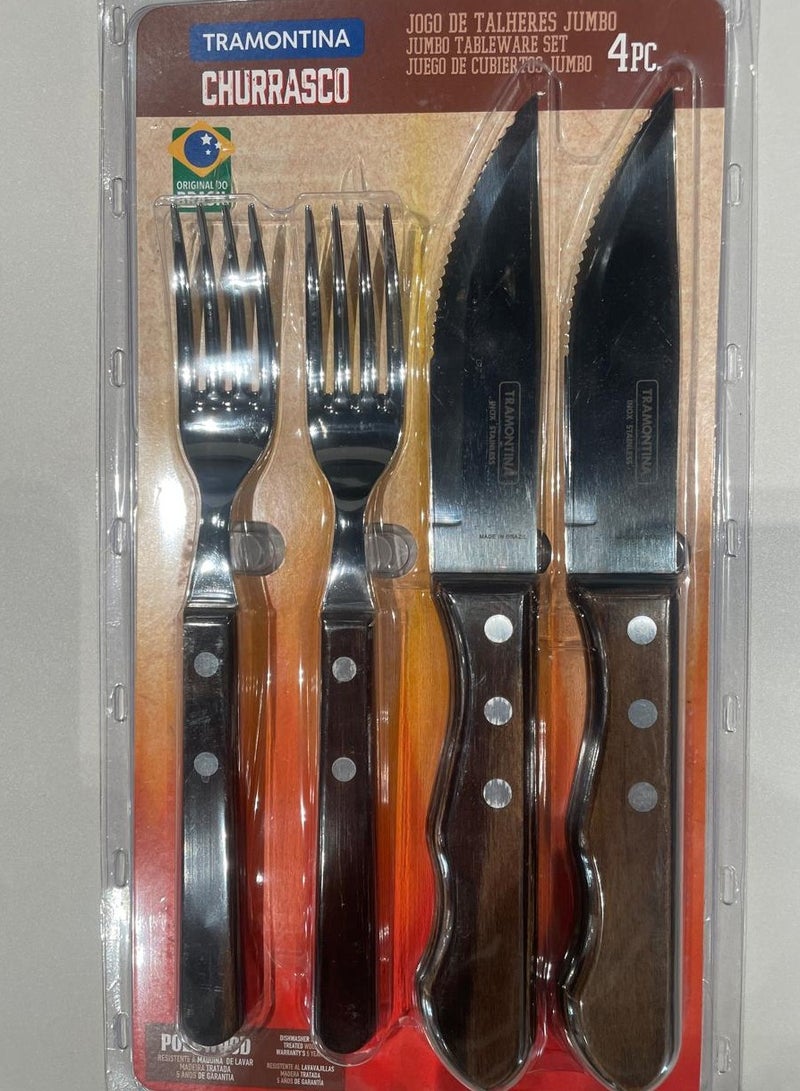 Since 1911,Made in Brazil- Churrasco 4 Pieces Stainless Steel Jumbo Barbecue Flatware Set with Treated Brown Polywood Handles,
