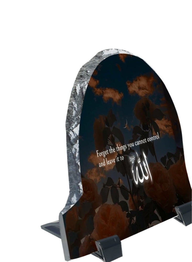 Protective Printed White Rock Shape Marble Photo Frame for Table Top Forget The Things You Cannot Control And Leave It To Allah